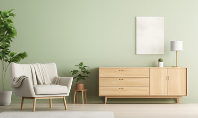 A midcentury modern living room with a green wall wooden sideboard armchair plants and a lamp