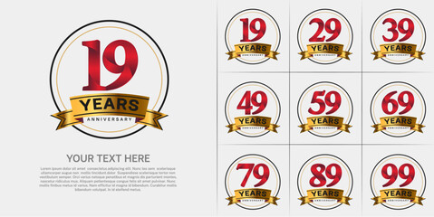 anniversary logotype set vector, red color with circle and gold ribbon for special day celebration