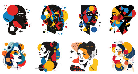 Fototapeta premium Set of woman face portrait, Abstract art vector illustration poster with geometric minimal shapes and lines in muted colors, hand drawn doodle style