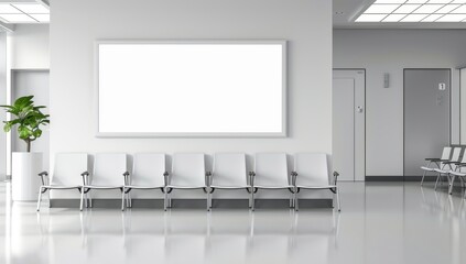 A realistic photo depicts a large white wall in a modern hospital waiting room with a frame mockup on the left side and chairs for patients to sit.