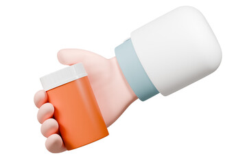 3d Doctor cartoon hand holding with antibiotic bottle pill icon isolated on blue background. Hospital doctor equipment medic health care concept. Pharmacy store. Minimal bottle pill icon. 3d render.