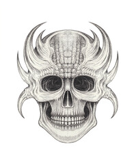 Demon skull tattoo design by hand  drawing on paper.