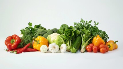 Displaying a variety of vibrant vegetables against a white backdrop