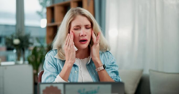 Woman, home and laptop with blowing nose or sick with flu or sinus in living room as student. Girl, sneeze and couch in lounge for research or online education with fever, virus and allergy on tissue