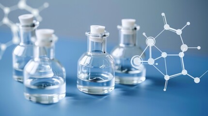 Chemical Solutions in Glass Bottles on a Blue Background