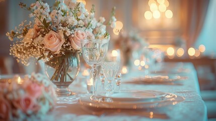 Elegant wedding table setup with beautiful floral arrangements, crystal glassware, and soft candlelight creating a romantic atmosphere.