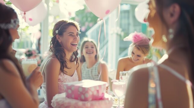 Defocused image of giggling friends gathered around a gift table at a bridal shower.