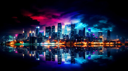 Fototapeta premium The Perfect for Urban-Themed Events, Futuristic Advertising, and Modern Marketing Campaigns of Dynamic Neon Night Cityscape, high-quality photograph captures the dazzling array of neon lights