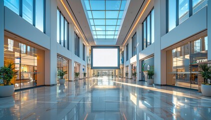 A wide-angle view of an empty modern shopping mall with large glass windows and white walls, featuring the entrance to a high-rise office building in front.