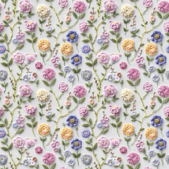 Floral embroidery from knitting wool, yarn, seamless pattern.