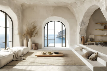 Beachfront villa in Santorini, Greece, with subtle stucco textures and minimalist design. Natural daylight floods through open spaces, offering stunning sea views. Intricate and photo-realistic detail