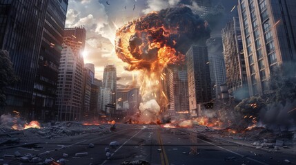 Nuclear explosion in a big city. Ground level view. Fire mushroom cloud from atomic bomb blast. Apocalypse, world war