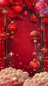 Chinese style Happy New Year background, red curtain border decoration, lanterns and fireworks elements, auspicious clouds at the bottom of the frame, simple layout, high-end color tone