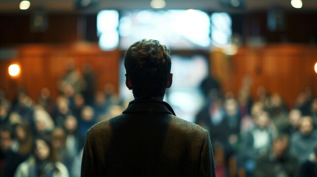 Blurred images of a lecturer and a crowded room at a thoughtprovoking public lecture.