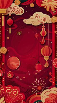 Chinese style Happy New Year background, red curtain border decoration, lanterns and fireworks embellishments on the left side of the picture, auspicious clouds at the bottom edge of the frame