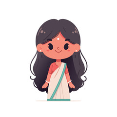 Minimal Hand-Drawn Vector Illustration of a Cute Girl in Saree