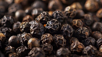Glossy black peppercorns in a close-up view.