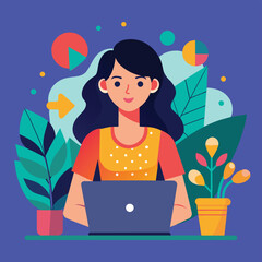 Minimal Hand-Drawn Vector Illustration of Girl Working on Laptop