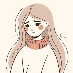 Minimal Hand-Drawn Vector Illustration of a Sad Girl with Long Hair in a Sweater