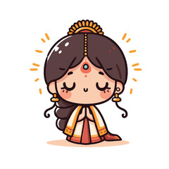 Minimal Hand-Drawn Vector Illustration of Cute Marathi Indian Girl Doing Namaste Pose