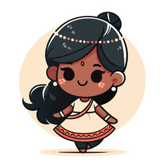 Minimal Hand-Drawn Vector Illustration of Cute Indian Dancing Girl in Traditional Dress
