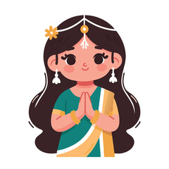 Minimal Hand-Drawn Vector Illustration of Cute Indian Girl in a Saree Doing Namaste Pose