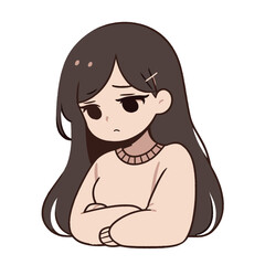 Minimal Hand-Drawn Vector Illustration of a Sad Girl with Long Hair in a Sweater