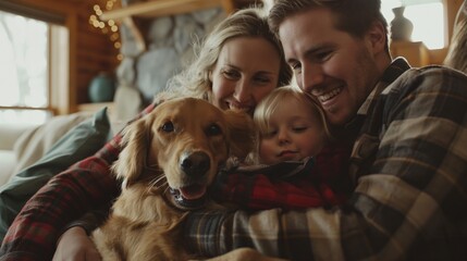 a family smiling with their dog in a cozy home setting.