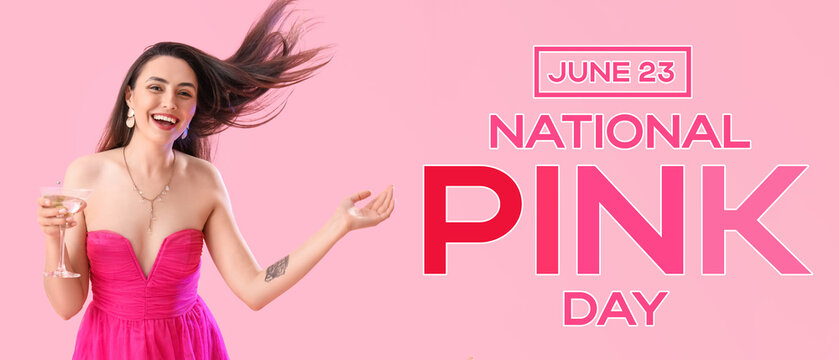 Beautiful woman with martini on pink background