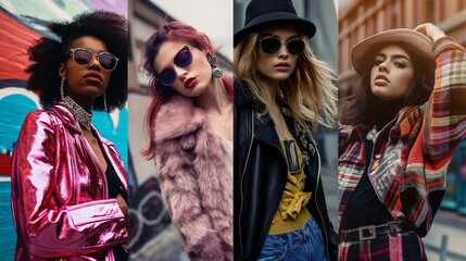 Naklejka premium four stylish women in different urban settings.