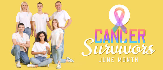 People with blue awareness ribbons on yellow background. World Cancer Day