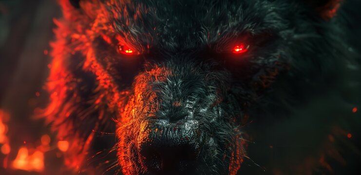 A menacing, black wolf with glowing red eyes stares intensely at the viewer. Its fur is burning, flames licking at its form