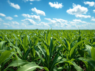 Obraz premium A Lush Green Cornfield Under a Bright Blue Sky with Fluffy Clouds on a Sunny Day Scenic Agricultural Landscape with Healthy Growing Corn Plants