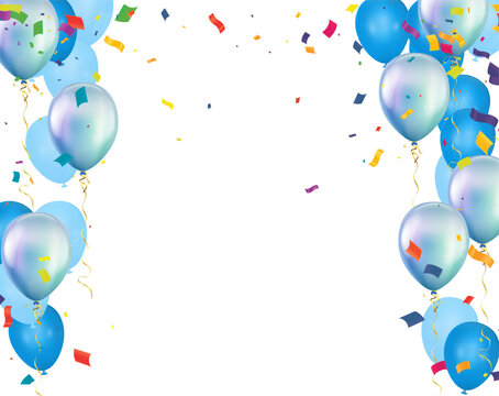 Vector illustration of blue balloons with confetti and ribbons on white background