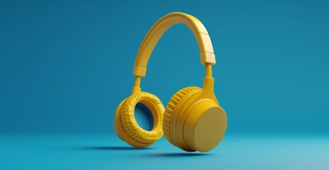 Naklejka premium Minimalistic 3D Rendering: Yellow Headphones Floating on Blue Background.