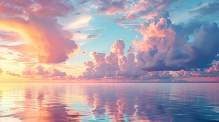 Fototapeta premium Dramatic clouds backdrop enhancing colorful sky over sea during sunset or sunrise