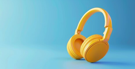Naklejka premium Minimalistic 3D Rendering: Yellow Headphones Floating on Blue Background.