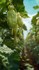 Lush Green Squash Plants Flourishing in a Sunlit Garden Close Up and Vibrant Imagery of Organic Gardening with Healthy, Growing Vegetables Under a Clear Blue Sky