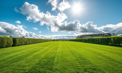 Fototapeta premium Serene Landscape: Bright Sky with Fluffy White Clouds Over Green Lawn, Minimalist Design.