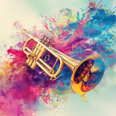 A vibrant trumpet emerges from colorful paint splashes