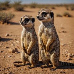 A family of meerkats standing on alert in the desert.