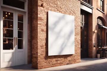 White Empty Paper Poster Mockup Displayed Outside a Building Restaurant. Marketing and Business Concept Design