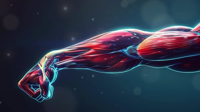 Muscular Arm with Highlighted Biceps and Triceps. Detailed muscle fibers. High quality. Detailed fiber muscle view. medical illustration style