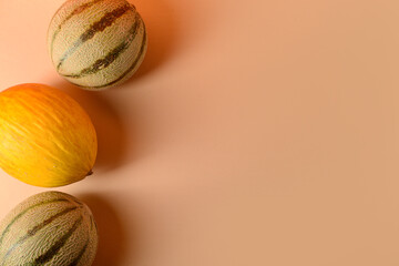 Different sweet melons on orange background