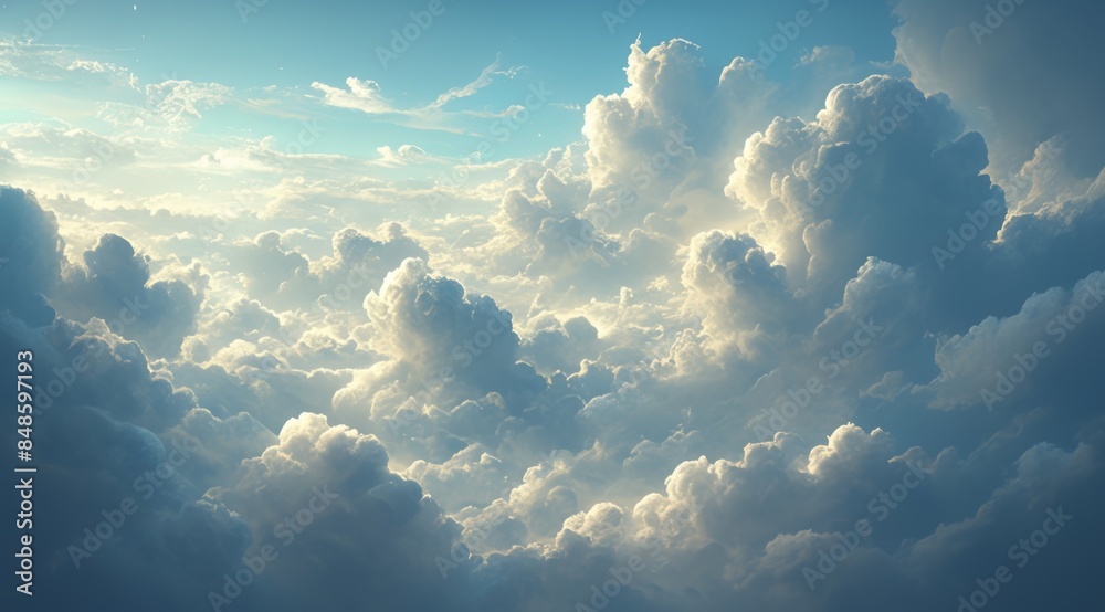 Wall mural white clouds in the sky with soft sunlight and scattered raindrops, creating a calm and hopeful atmo