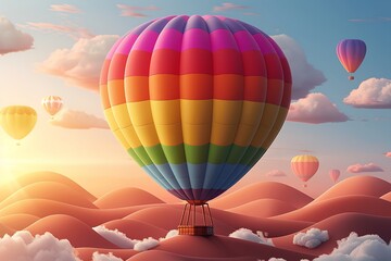 Fototapeta premium A vibrant hot air balloon with rainbow colors floats above clouds at sunset
