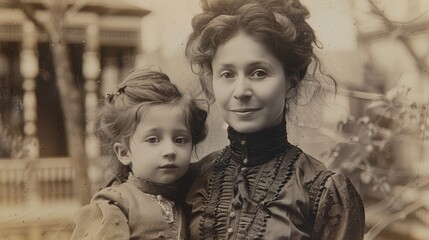A sepia-toned vintage portrait of a mother and daughter, evoking a sense of nostalgia and family history.