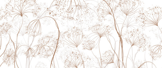Luxury art background with grass and flowers pattern in line style. Botanical wallpaper for interior decor, banner, print, textile, packaging