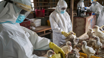 Researchers in Full PPE Inspect Chicks to Combat Avian Influenza