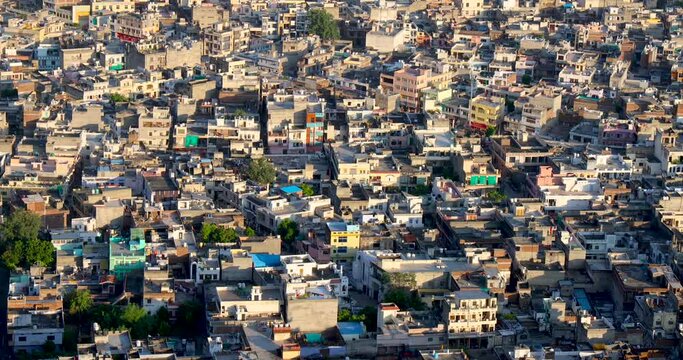 Panoramic view of Jaipur cityscape, Many structures built around Tal Katora Lake in Jaipur city, Rajasthan, India.